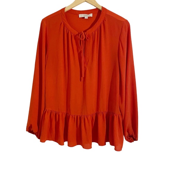 Loft Orange Red Tie Front Peasant Blouse With Ruffle Peplum Hem, Size Large - Picture 1 of 16